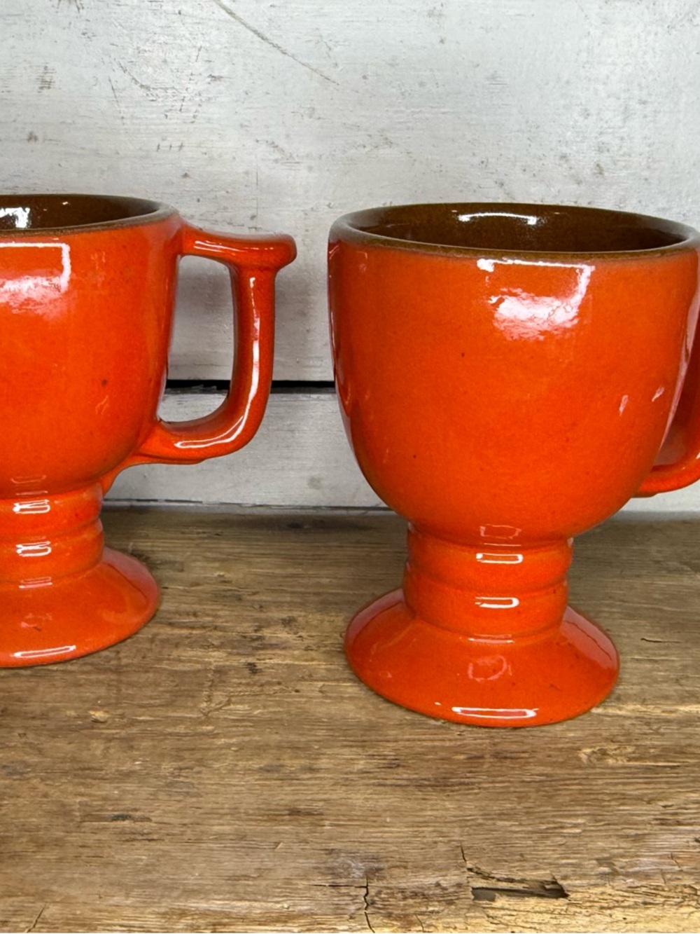 Set of 2 Frankoma Pottery Westwind Flame C13 Red Orange Pedestal Coffee Mugs
